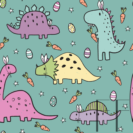 Pastel Easter Dinos Teal Bg Raspberry Pattern