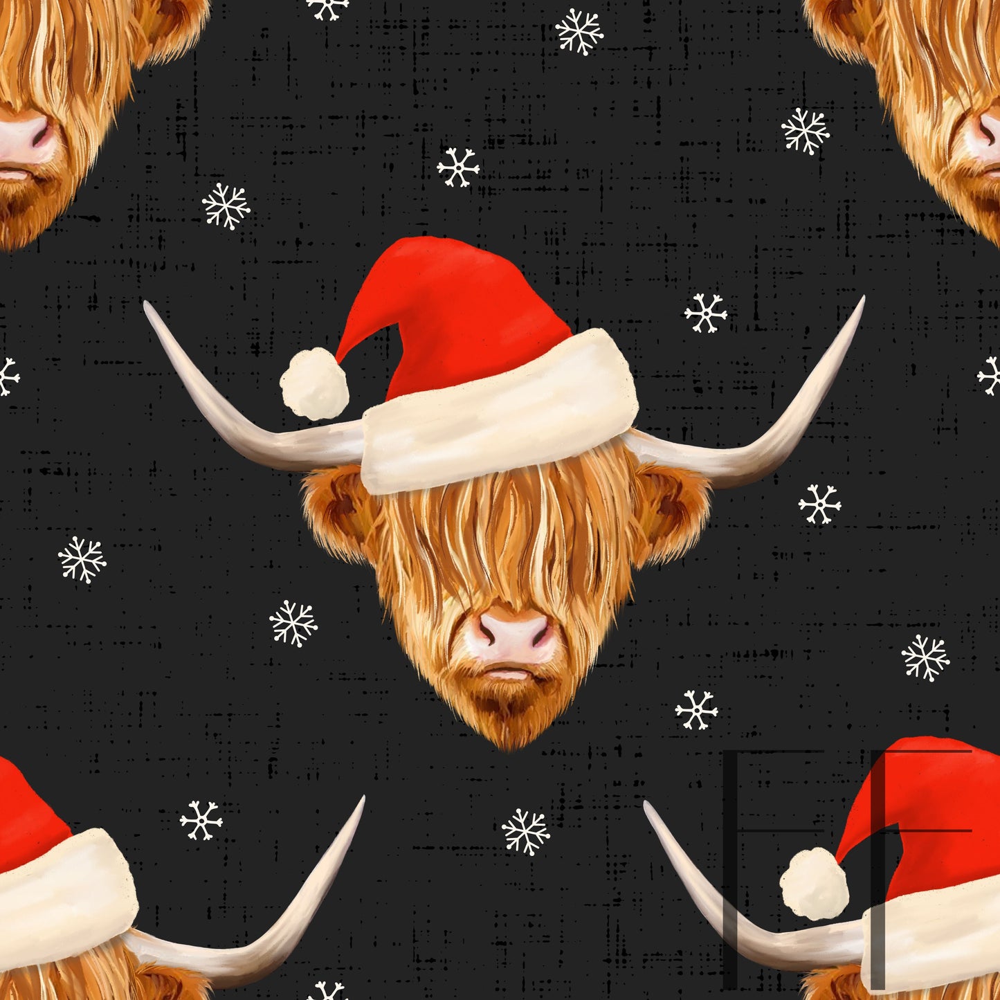 Highland Cow with Santa Hat Dark Grey Raspberry Pattern