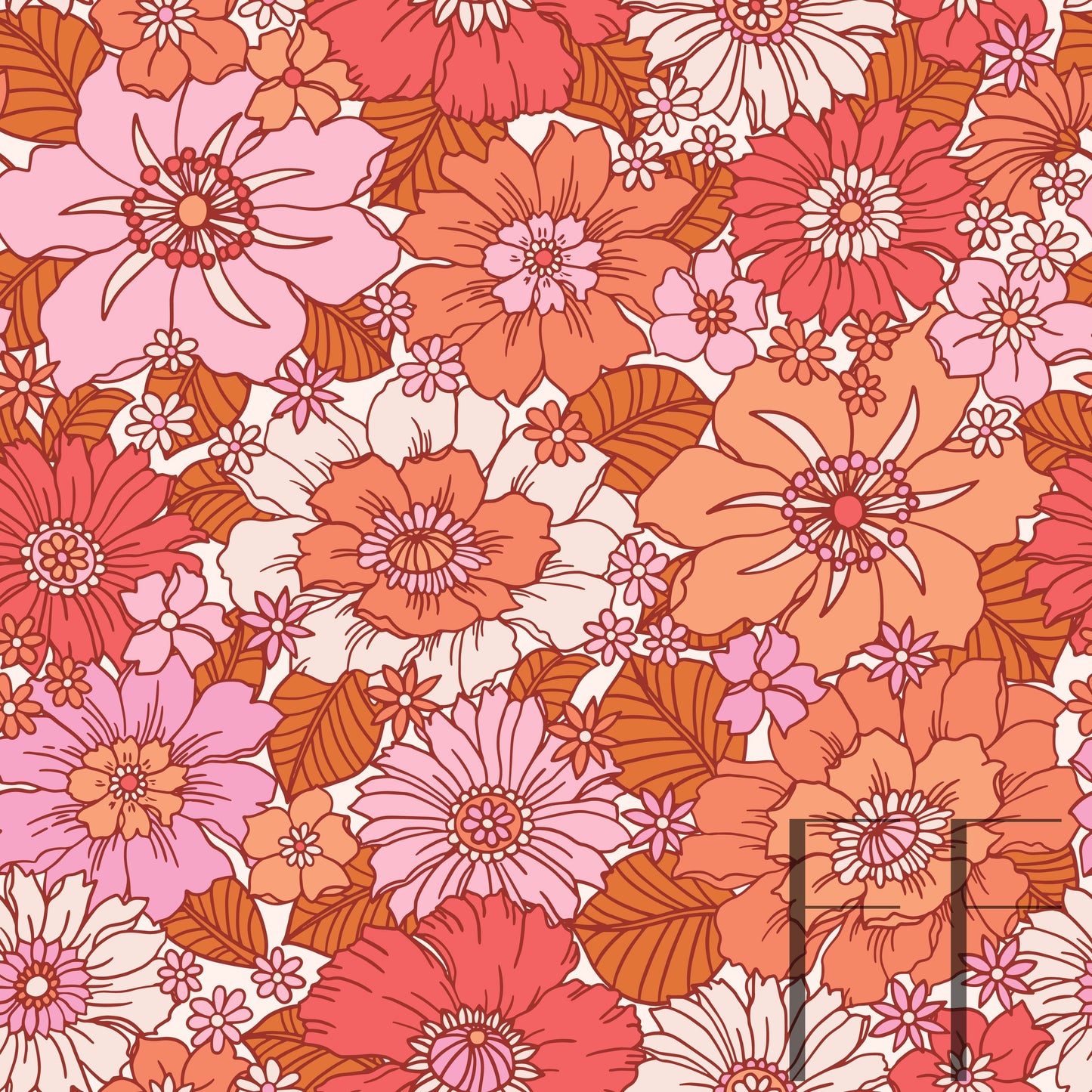 Georgia Retro Floral Peach Raspberry Pattern