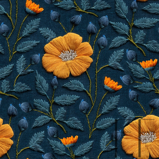 Yellow Floral Embroidery dark blue raspberry Pattern