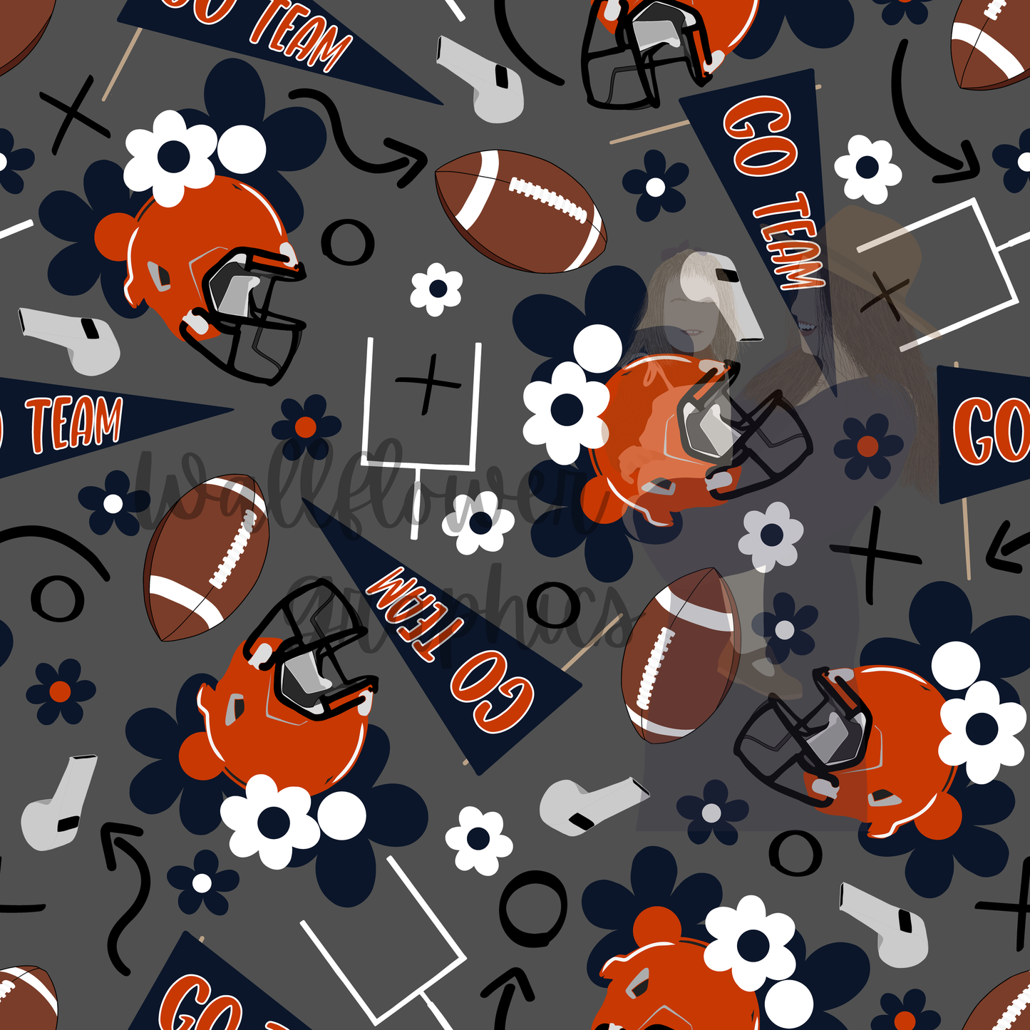 Dark Navy and Orange Floral Footballs