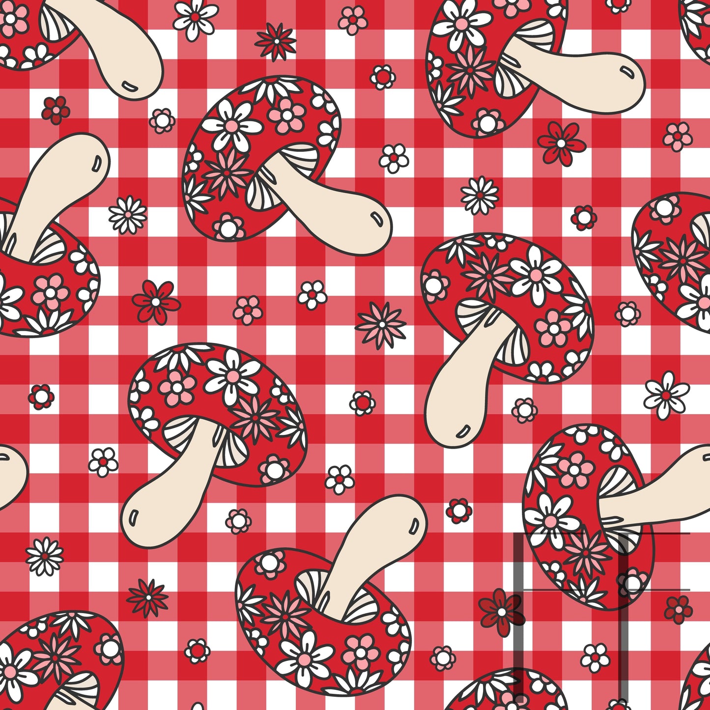 Floral Mushrooms on Red gingham raspberry Pattern