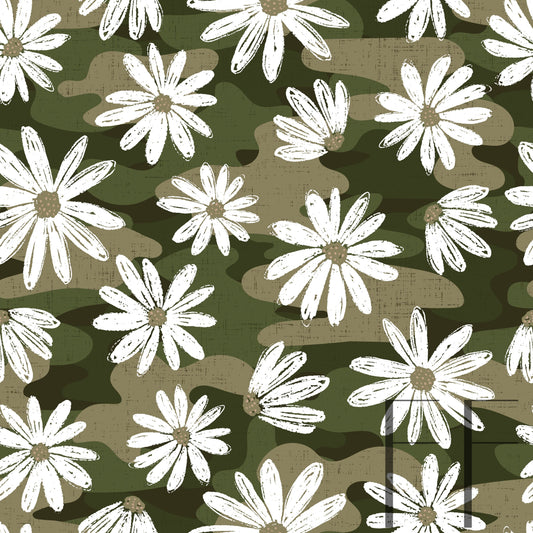 Khaki Camo Daisies Raspberry Pattern