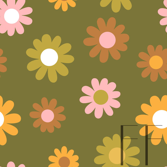 Retro Fall Daisy Moss Green Bg Raspberry Pattern