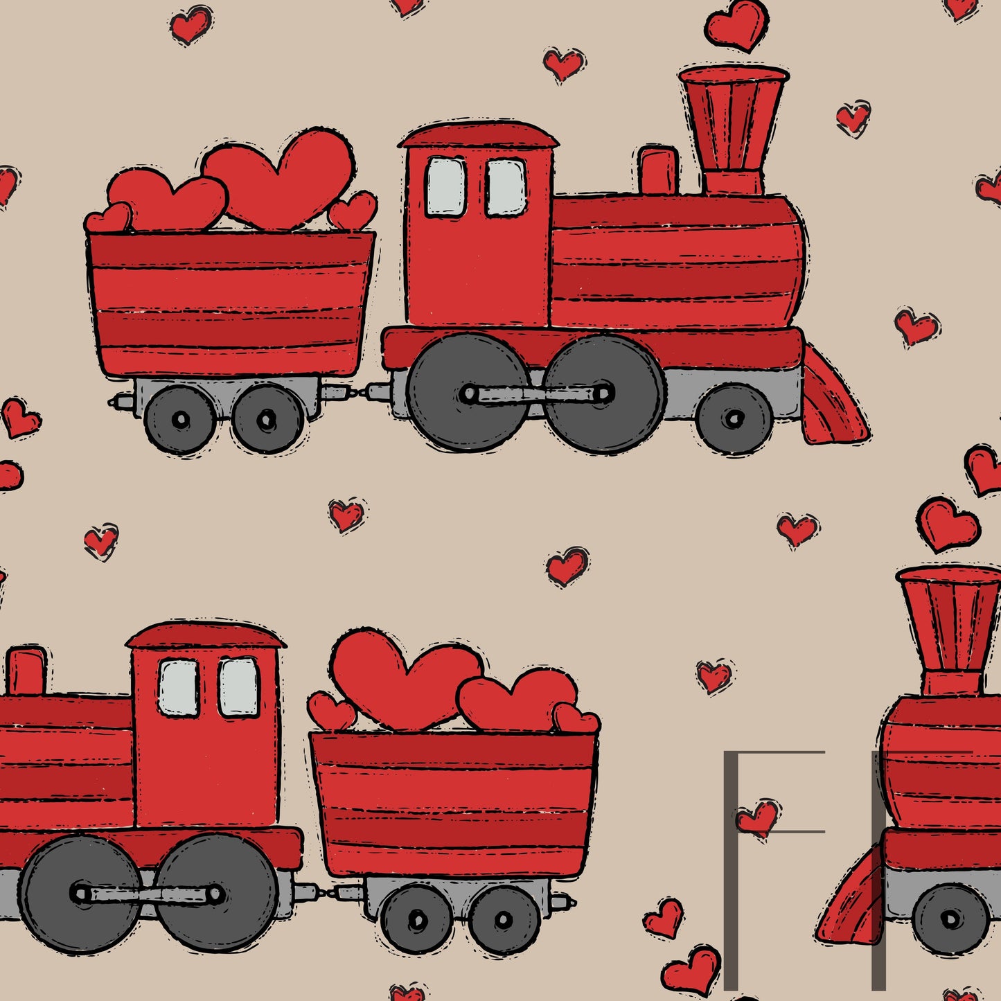 Valentine Trains Muted Red Beige raspberry Pattern