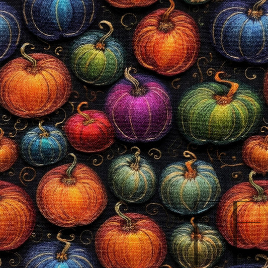 Embroidered Pumpkins Black linen raspberry Pattern