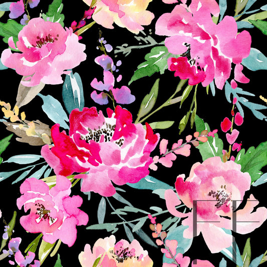 Summer Peonies Bright on black raspberry Pattern