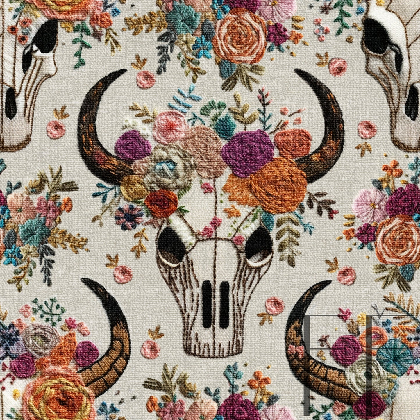 Western Floral Skull Embroidery Raspberry Pattern