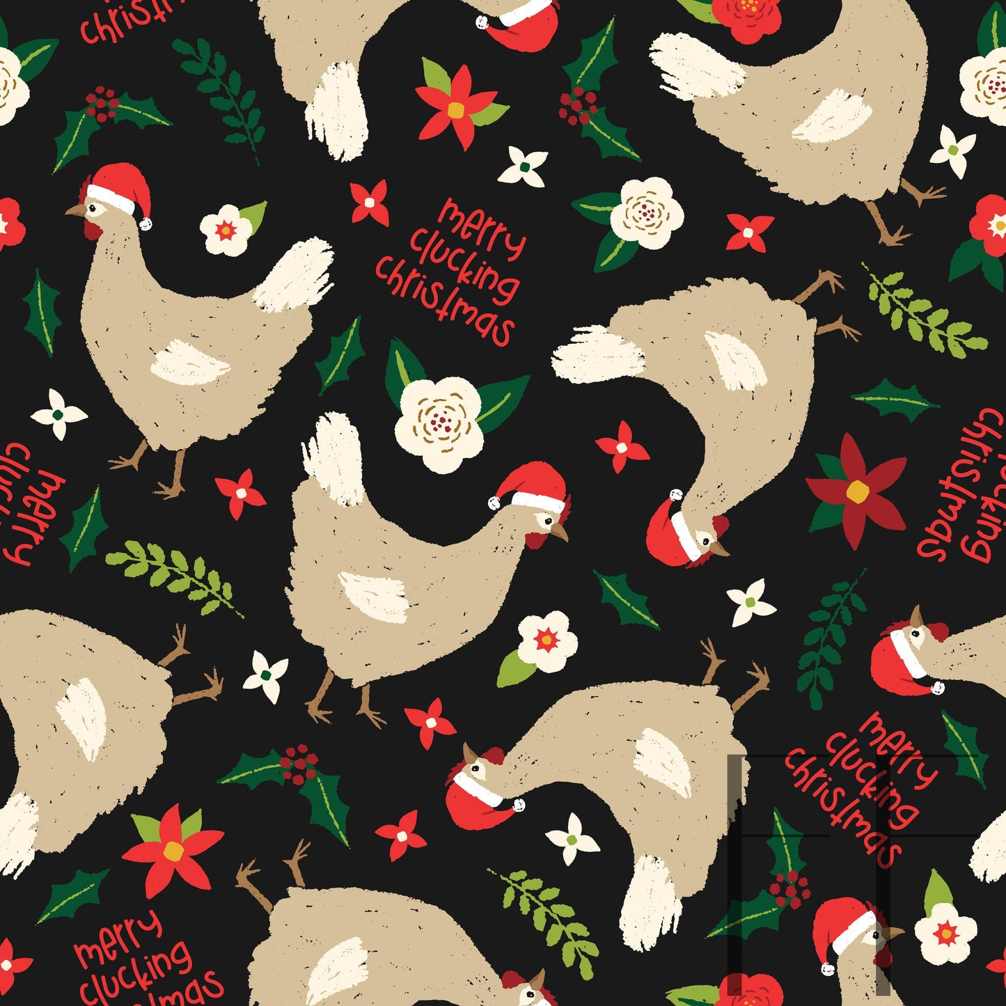 Merry Clucking Christmas on midnight raspberry pattern