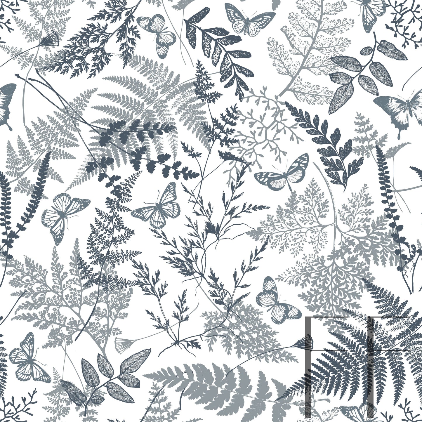 Fern Garden Dusky Blue Raspberry Pattern