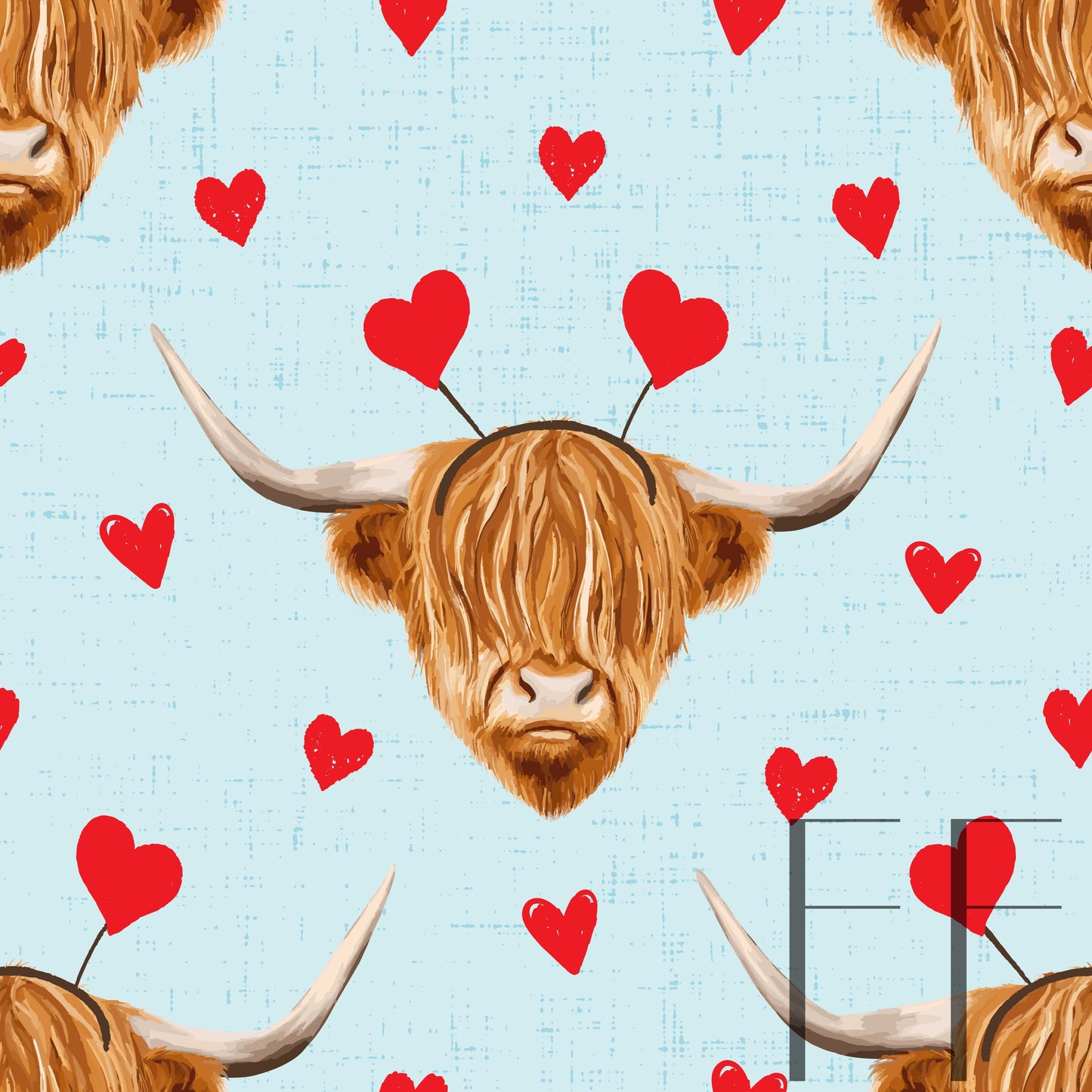 Valentine Highland Cow Blue raspberry pattern