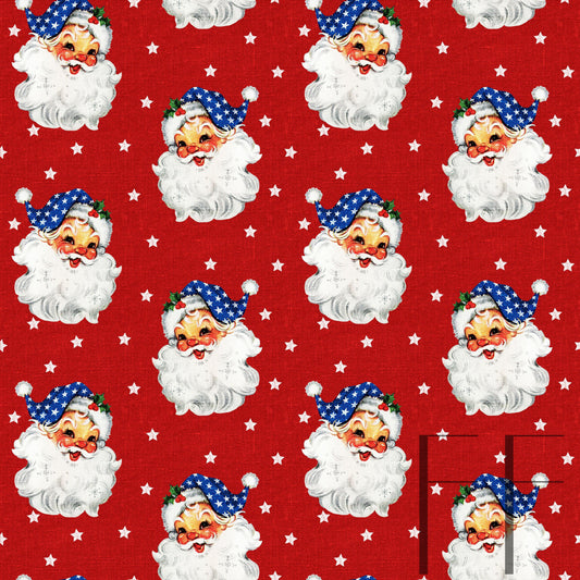 Patriotic Retro Santa on red linen Pattern Co