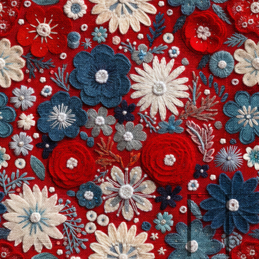 Patriotic Felt Floral Embroidery red, white and blue Raspberry Pattern