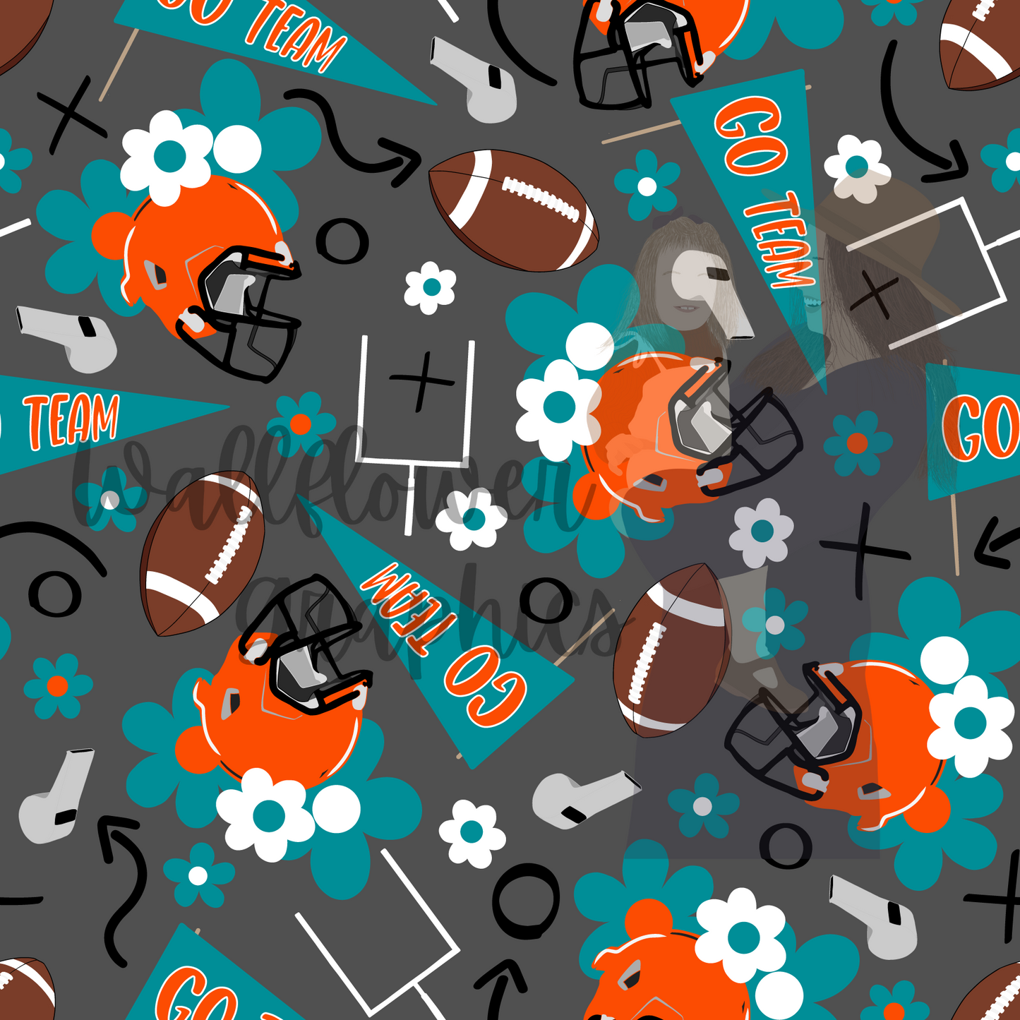 Aqua and Orange Floral Football