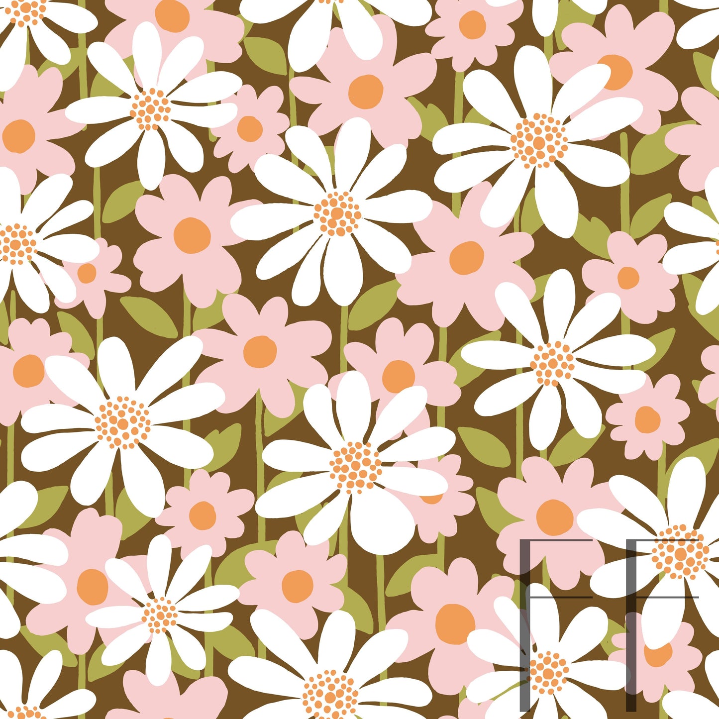 Retro Daises Peach White Raspberry Pattern