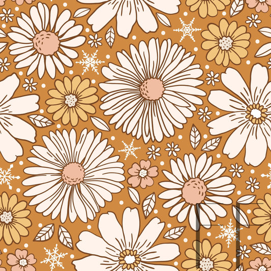 Golden Christmas Snowy Floral Raspberry Pattern