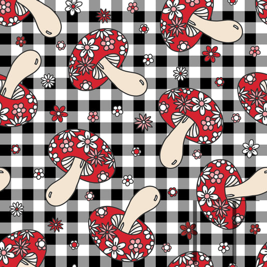 Floral Mushrooms on Black raspberry Pattern