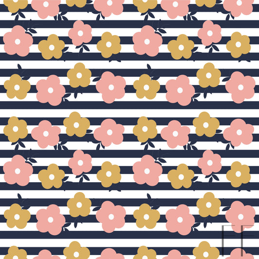 Pink flower on navy stripes