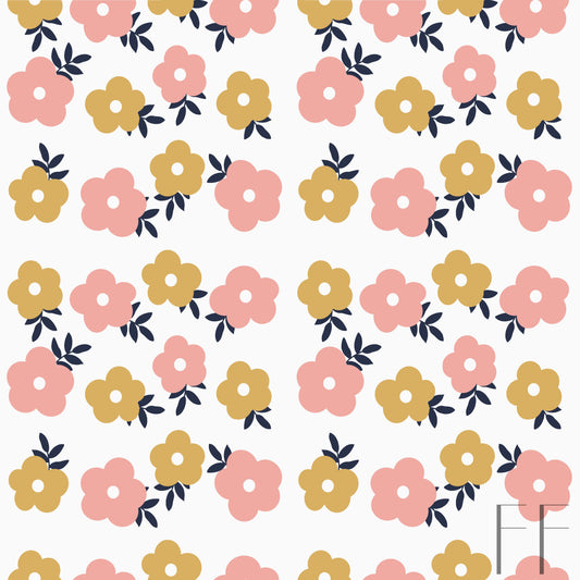 Pink and yellow floral on white